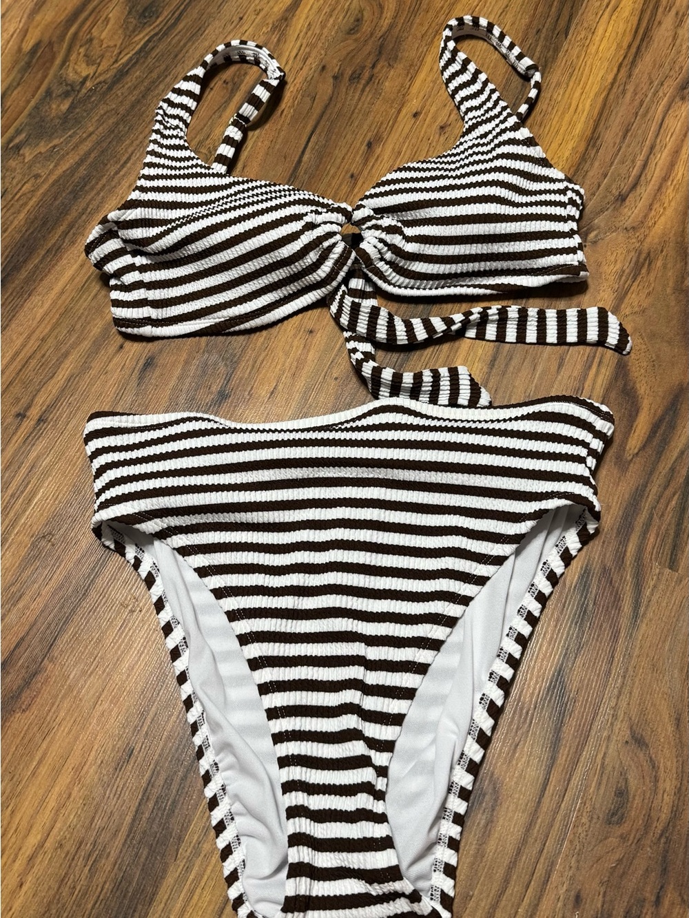 Time and Tru Brown & White Striped Womens Two-Piece Swim Set